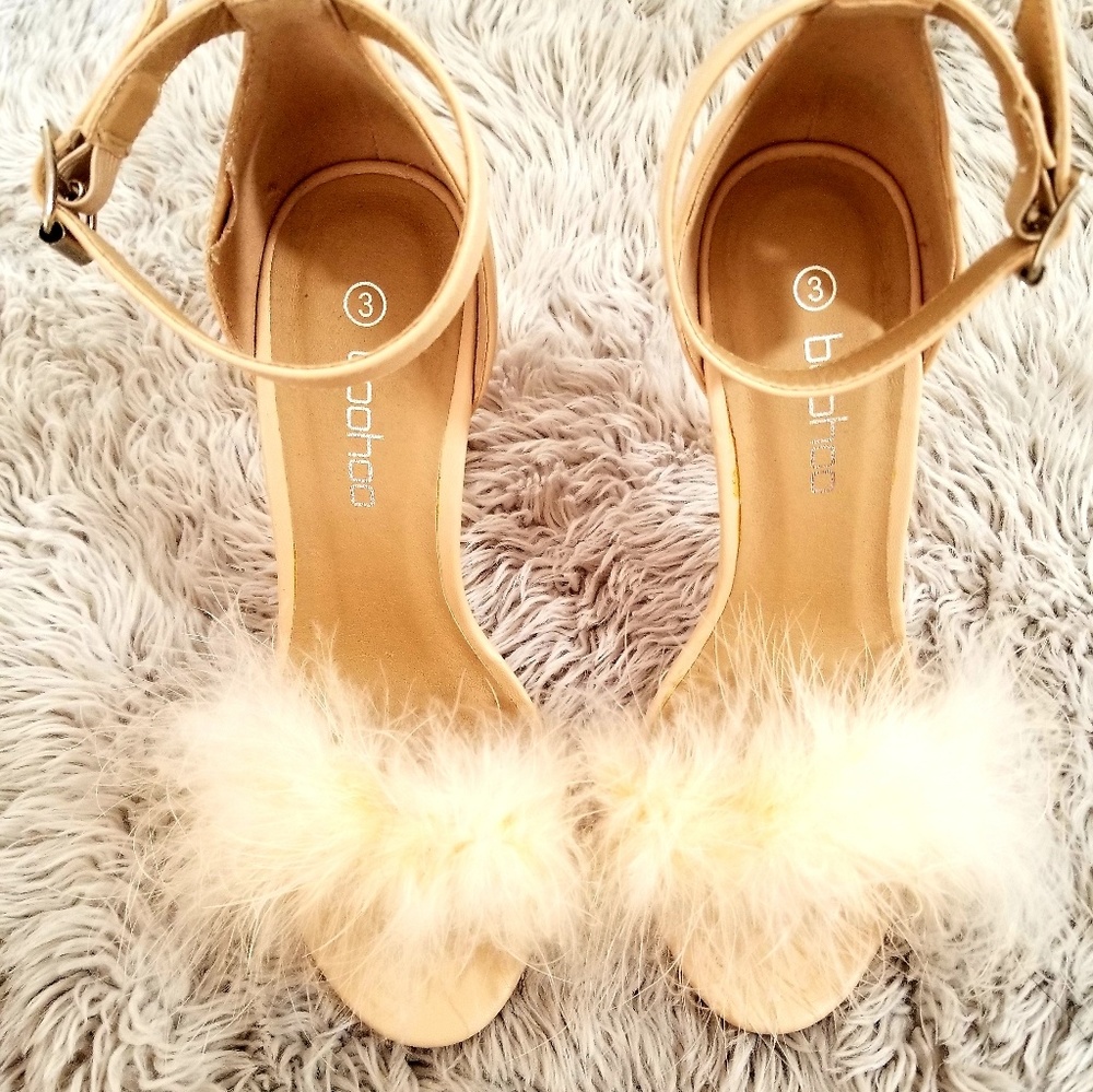 Faux Feather Trim Nude Heels
